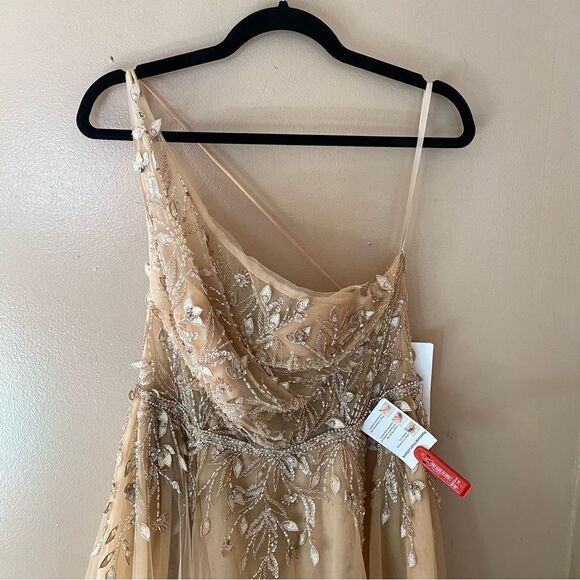 Mac Duggal 11210 gown Nude tulle asymmetrical dress beaded slit $598 New 10 - Picture 14 of 16